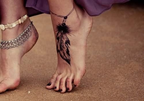 Black Rosary Feather Tattoo On Girl Left Ankle