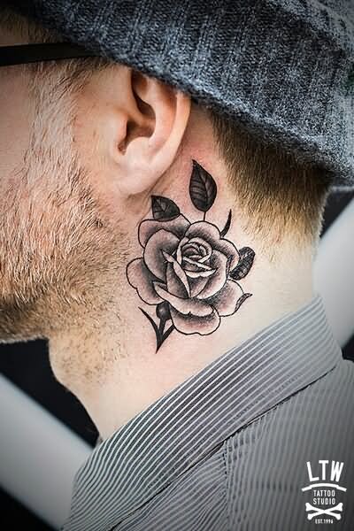 Black Rose Tattoo On Man Side Neck