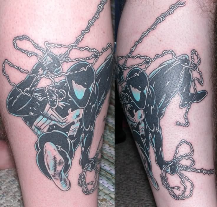 Black Spiderman Jumping Tattoo On Leg
