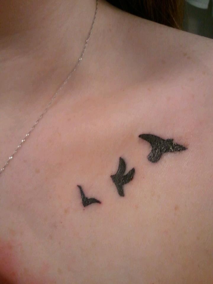 Black Three Flying Birds Tattoo Design For Collar Bone