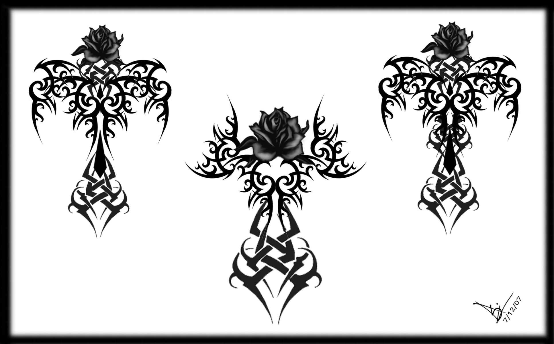 Black Three Tribal Gothic Cross With Rose Tattoo Design