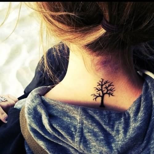 Black Tree Without Leaves Tattoo On Girl Back Neck