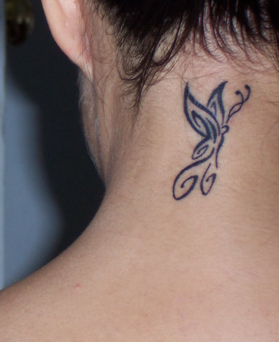 Black Tribal Butterfly Tattoo Back Neck