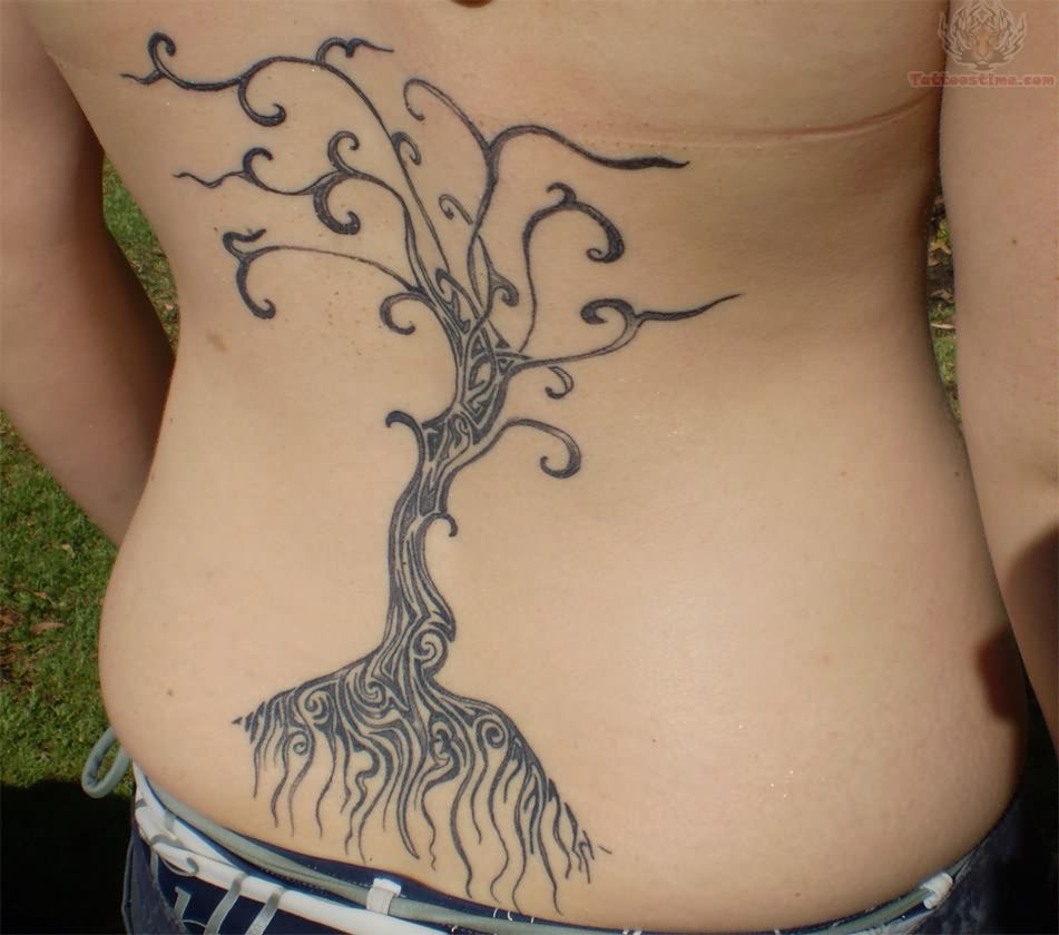 Black Tribal Gothic Tree Tattoo On Lower Back