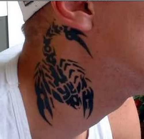 Black Tribal Scorpio Tattoo On Man Side Neck