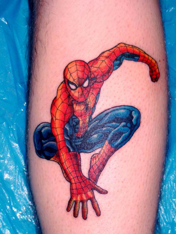Blue And Red Dress Spiderman Tattoo On Leg