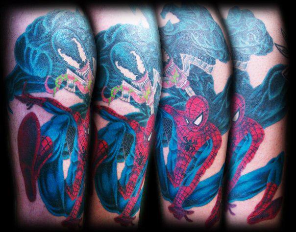 Blue And Red Ink Spiderman Tattoo On Sleeve