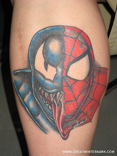 Blue And Red Spiderman Head Tattoo