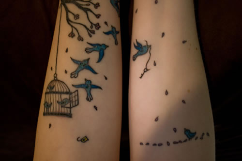Blue Birds And Cage Tattoos On Forearm