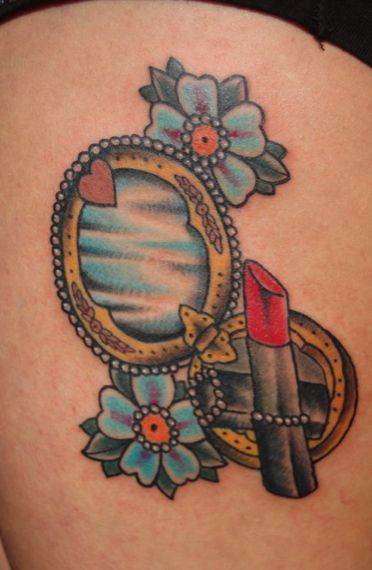 Blue Flowers Hand Mirror Tattoo