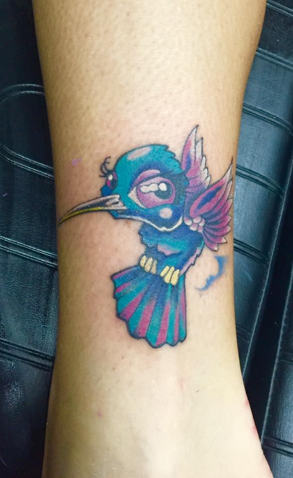 Blue Hummingbird Tattoo On Leg by Fletch