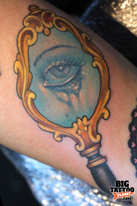 Blue Ink Crying Eye Victorian Hand Mirror Tattoo