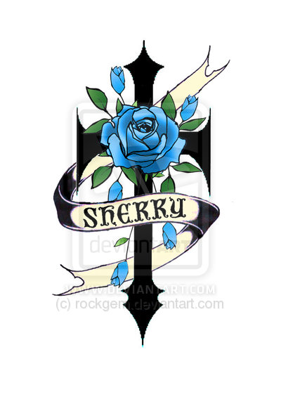 Blue Ink Gothic Rose With Cross And Banner Tattoo Design