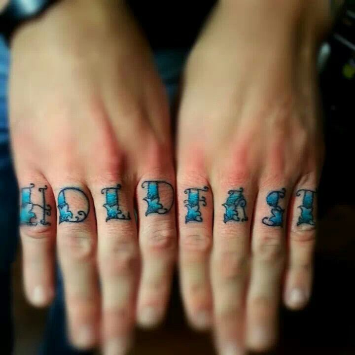 Blue Ink Hold Fast Knuckle Tattoo On Hands