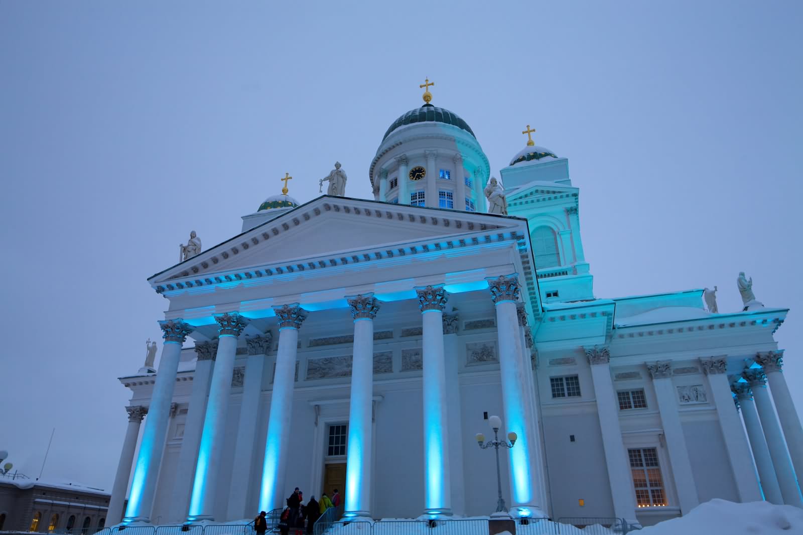 Blue Lights On The Helsinki Cathedral In Finland