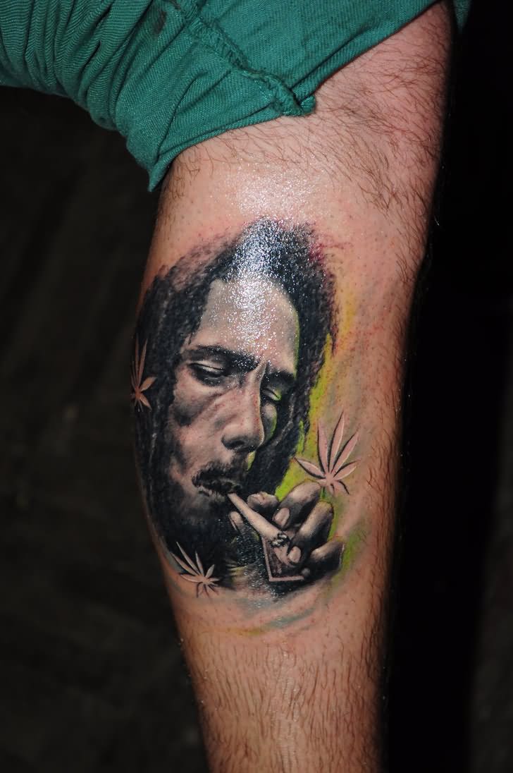 Bob Marley Smoking Marijuana Tattoo On Leg by Edizaed