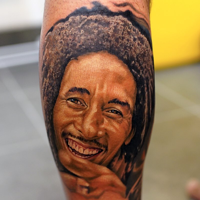 Bob Marley Portrait Tattoo On Sleeve by Khan Tattoos