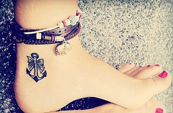 Bow With Anchor Tattoo On Ankle