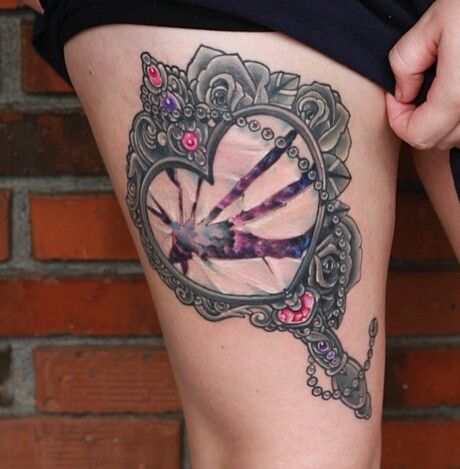 Broken Girly Mirror Tattoo On Side Thigh