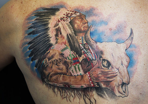 Bull Skull In Indian Chief Hand Tattoo Design