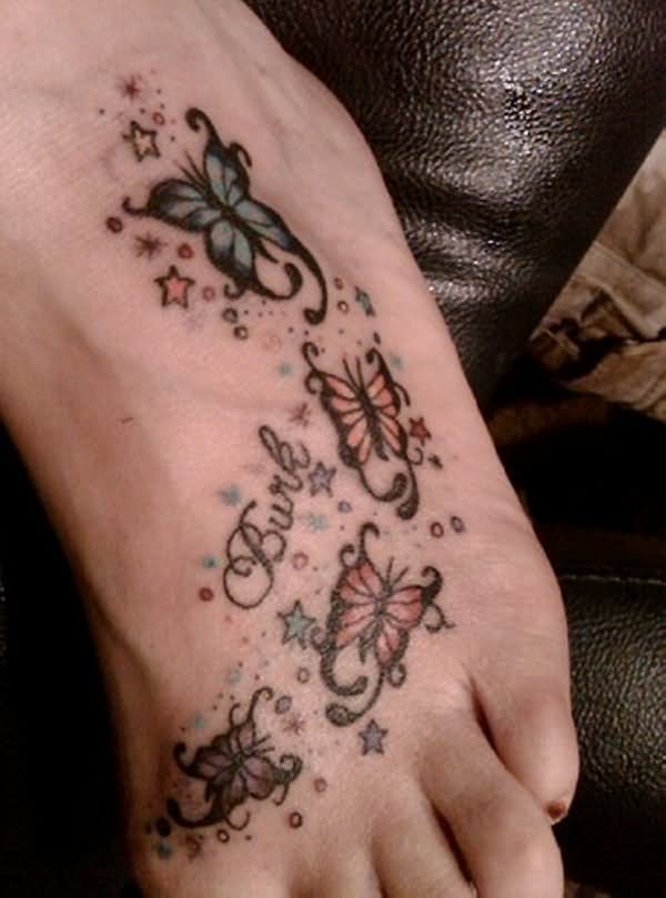 Burk - Butterflies With Stars Tattoo On Left Foot