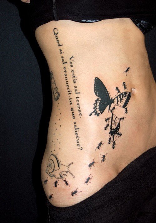 Butterfly And Ants Tattoo On Girl Side Rib