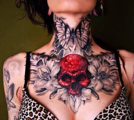 Butterfly With Skull And Flowers Tattoo On Front Neck