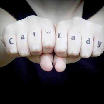Cat Lady Knuckle Tattoo On Hands