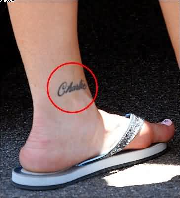Charlie Lettering Tattoo On Inner Ankle