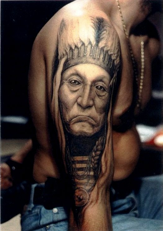 Classic 3D Indian Chief Tattoo On Man Right Half Sleeve