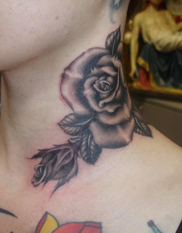 Classic Black And Grey 3D Rose Tattoo On Side Neck