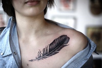 Classic Black Ink Feather Tattoo On Collar Bone