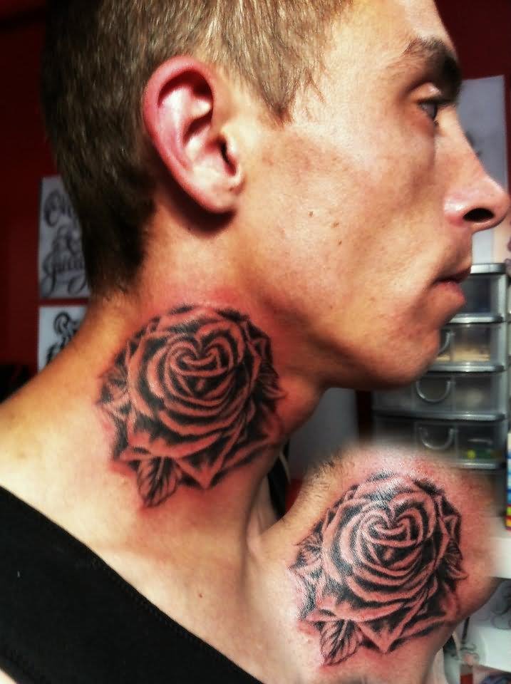 Classic Black Ink Rose Tattoo On Man Side Neck By Caleb Slabzzz Graham