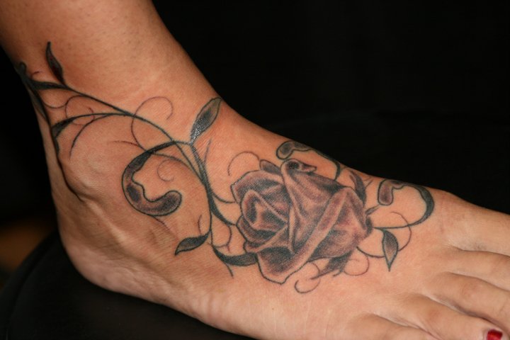 Classic Black Ink Rose Tattoo On Right Foot