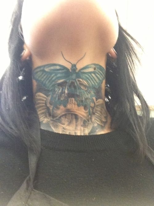 Classic Butterfly Tattoo On Girl Front Neck