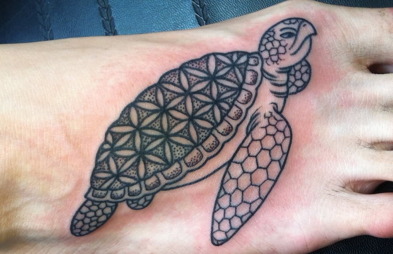 Classic Dotwork Turtle Tattoo On Foot