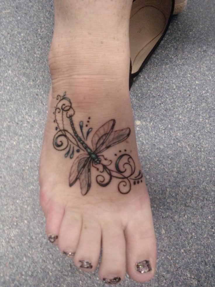 Classic Dragonfly Tattoo On Girl Right Foot