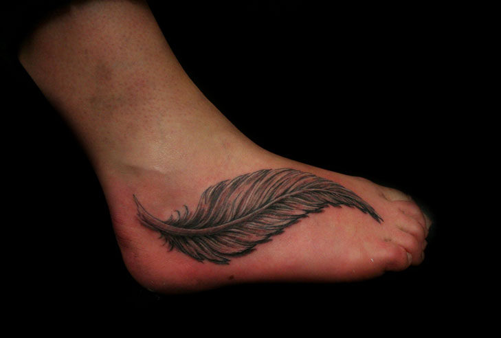 Classic Feather Tattoo On Girl Right Foot