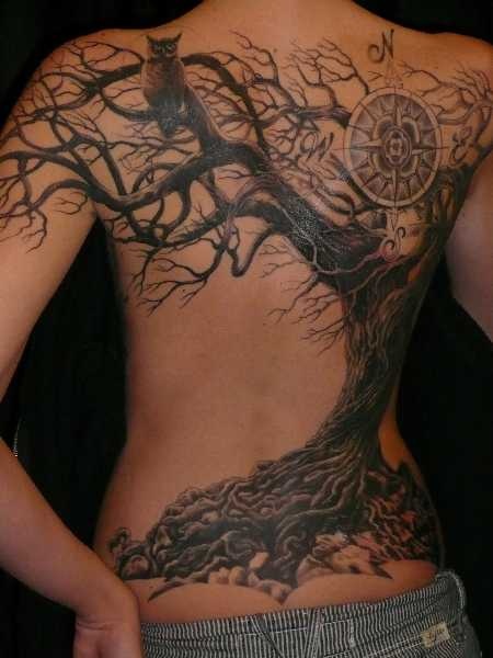 Classic Gothic Tree Without Leaves With Owl And Compass Tattoo On Full Back