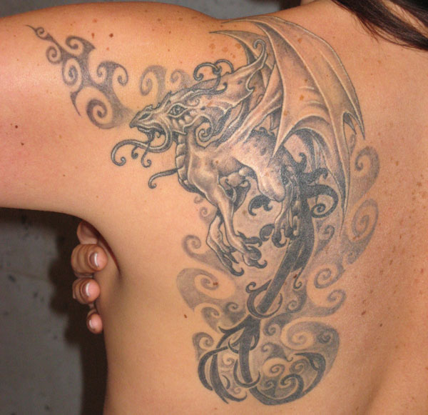 Classic Grey Ink Gothic Dragon Tattoo On Left Back Shoulder