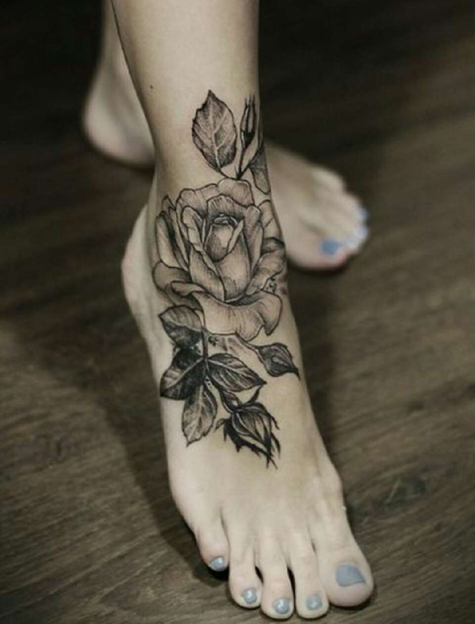 Classic Grey Ink Rose Tattoo On Girl Right Foot By LeaIsabella Bates