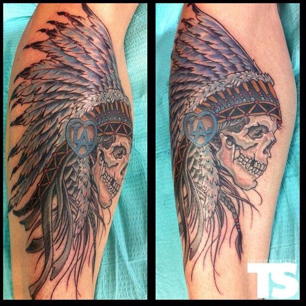 Classic Indian Chief Skull Head Tattoo Design For Leg By Phil Robertson