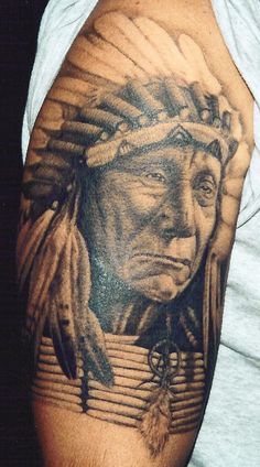 Classic Indian Chief Tattoo On Half Sleeve By Corey Miller