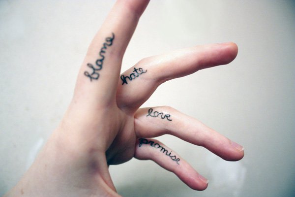 Classic Lettering Tattoo On Both Fingers