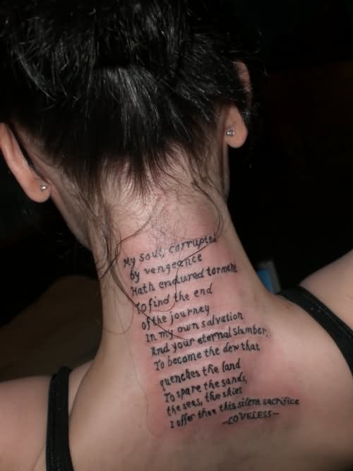 Classic Quote Tattoo On Girl Back Neck