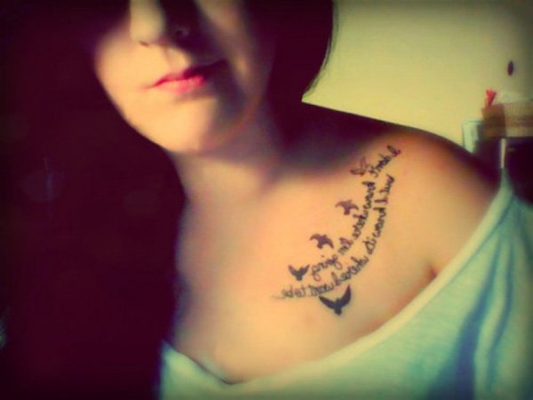Classic Quote With Flying Birds Tattoo On Girl Collar Bone