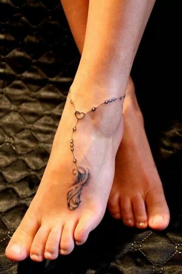 Classic Rosary Feather Tattoo On Left Foot