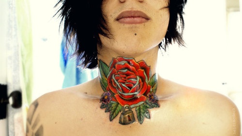 Classic Rose Tattoo On Front Neck