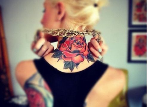Classic Rose Tattoo On Girl Back Neck