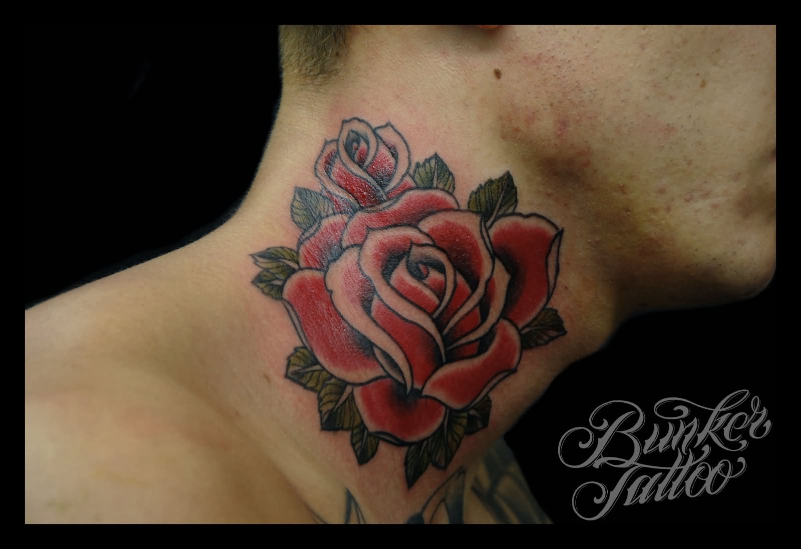 Classic Rose Tattoo On Man Side Neck